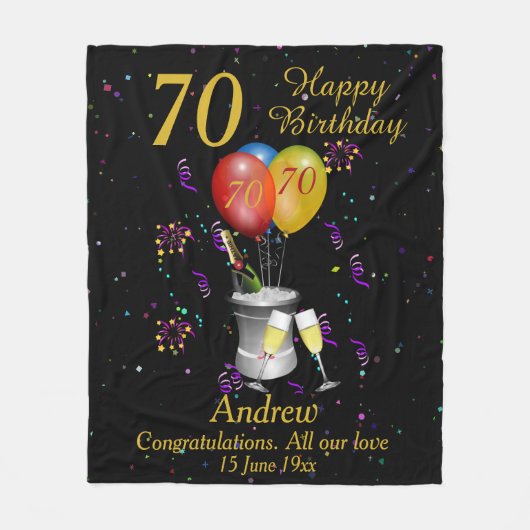 70th Birthday Sparkling Wine Celebration Black Fleecedecke (Vorderseite)