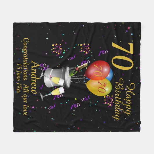 70th Birthday Sparkling Wine Celebration Black Fleecedecke (Vorderseite (Horizontal))