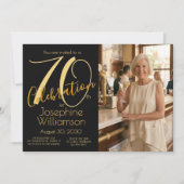 70th Celebration Photo Black Gold 70th Birthday Einladung (Vorderseite)