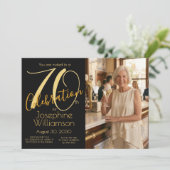 70th Celebration Photo Black Gold 70th Birthday Einladung (Stehend Vorderseite)