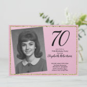 70th Custom Photo Pink and Gold Einladung (Stehend Vorderseite)