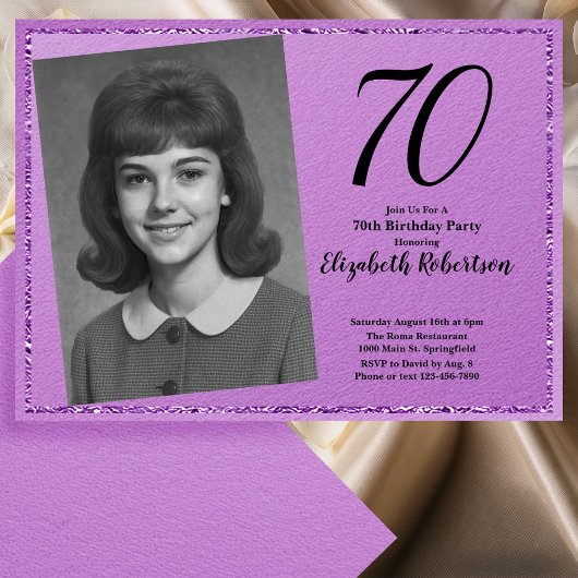 70th Custom Photo Purple and Black Einladung