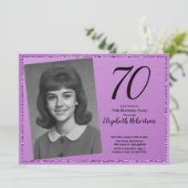 70th Custom Photo Purple and Black Einladung (Stehend Vorderseite)