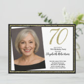 70th Custom Photo White Black and Gold Einladung (Stehend Vorderseite)