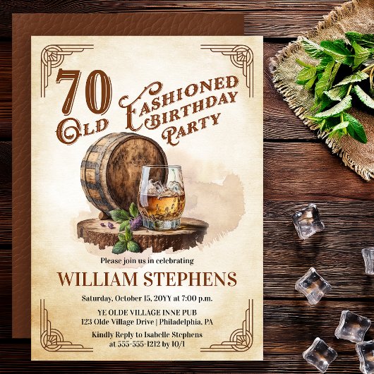 70th Old Fashioned Whiskey Barrel Birthday Party Einladung