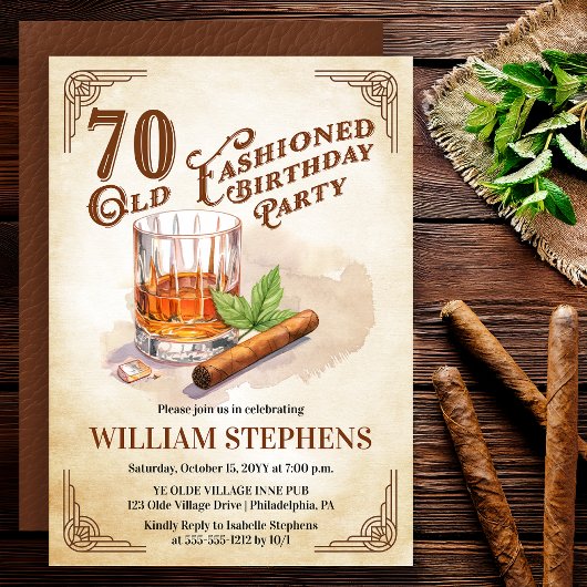 70th Old Fashioned Whiskey Cigar Birthday Party Einladung
