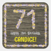 71. Geburtstag: Blumennummer, Imitate Holzbild, Na Quadratischer Aufkleber (Vorderseite)