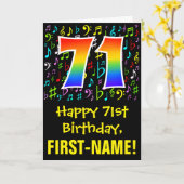 71. Geburtstag: Farbige Musiksymbole + Regenbogen Karte (Gelbe Blume)