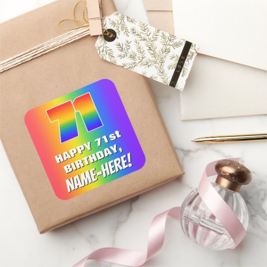 71. Geburtstag: Farbiges, lustiges Regenbogenmuste Quadratischer Aufkleber (Schenken)