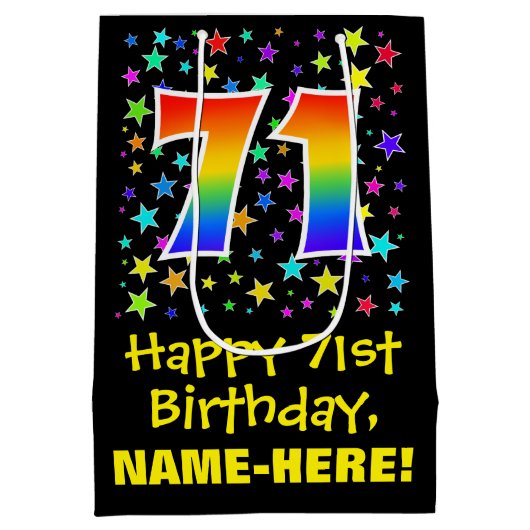 71. Geburtstag: Farbiges Sternenmuster und Regenbo Mittlere Geschenktüte (Rückseite)