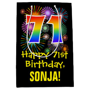 71. Geburtstag: Fun Fireworks Pattern + Rainbow 71 Mittlere Geschenktüte
