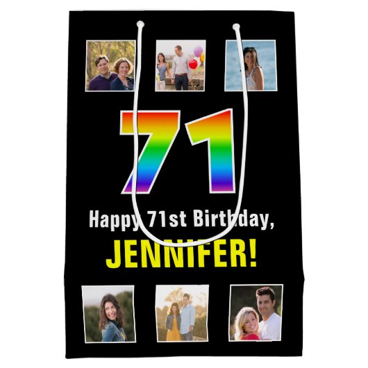 71. Geburtstag: Regenbogen "71", benutzerdefiniert Mittlere Geschenktüte (Rückseite)