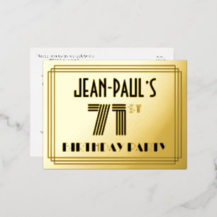 71. Geburtstagsparty ~ Art-Deco-Stil "71" + Name Folie Einladungspostkarte