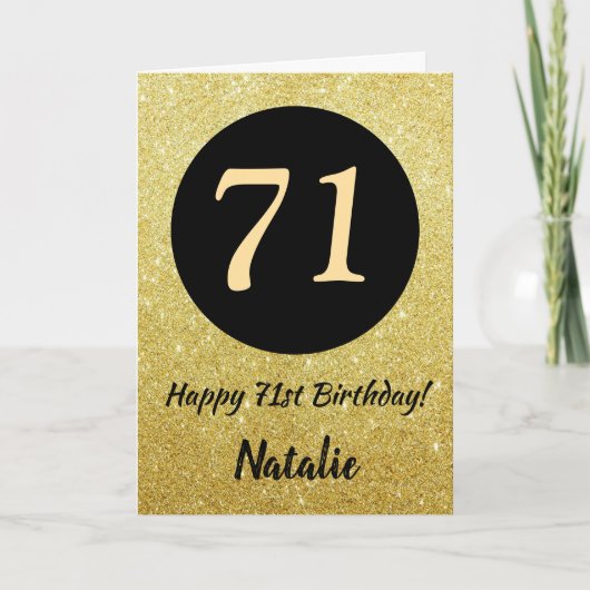 71. Happy Birthday Black and Gold Glitzer Card Karte (Vorderseite)