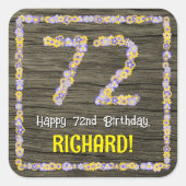 72. Geburtstag: Blumennummer, Imitate Holzbild, Na Quadratischer Aufkleber (Vorderseite)