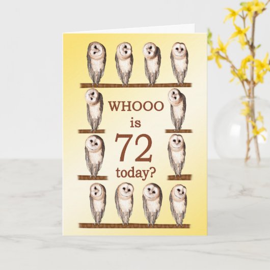 72. Geburtstag, Neugierige Eulen Karte (Gelbe Blume)