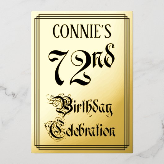 72. Geburtstagsparty — Elegantes Script + Individu Folieneinladung (Vorderseite)