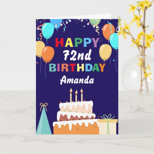 72. Happy Birthday Balloons Cake Navy Blue Karte (Gelbe Blume)