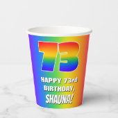 73. Geburtstag: Farbiges, lustiges Regenbogenmuste Pappbecher (Rückseite)
