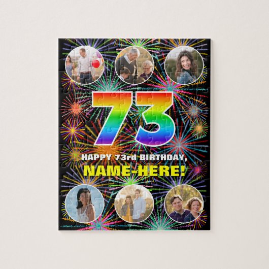 73. Geburtstag: Fun Rainbow #, Individuelle Name + Puzzle (Vertikal)