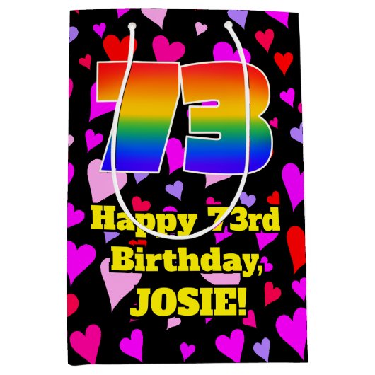 73. Geburtstag: Loving Hearts Pattern, Regenbogen Mittlere Geschenktüte (Vorderseite)