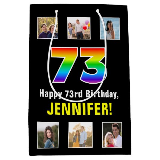 73. Geburtstag: Regenbogen "73", benutzerdefiniert Mittlere Geschenktüte (Vorderseite)