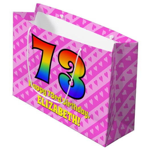 73. Geburtstag: Rosa Streifen & Herz, Regenbogen # Große Geschenktüte (Vorderseite Schrägansicht)