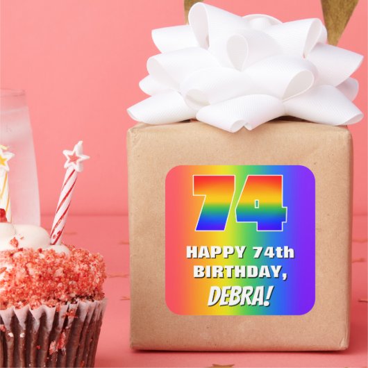 74. Geburtstag: Farbiges, lustiges Regenbogenmuste Quadratischer Aufkleber (Party)