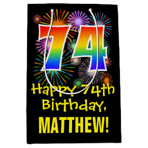 74. Geburtstag: Fun Fireworks Pattern + Rainbow 74 Mittlere Geschenktüte