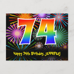 74. Geburtstag - Fun Fireworks Pattern + Rainbow 7 Postkarte