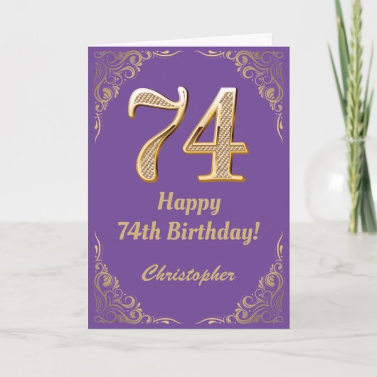74. Geburtstag Lila und Gold Glitzer Frame Karte (Vorderseite)