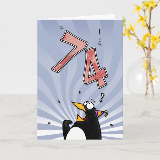 74. Geburtstag - Pinguin-Überraschungs-Karte Karte (Gelbe Blume)
