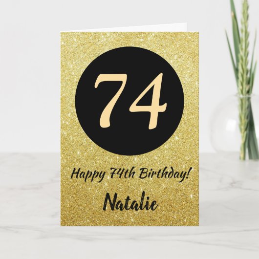 74. Happy Birthday Black and Gold Glitzer Card Karte (Vorderseite)