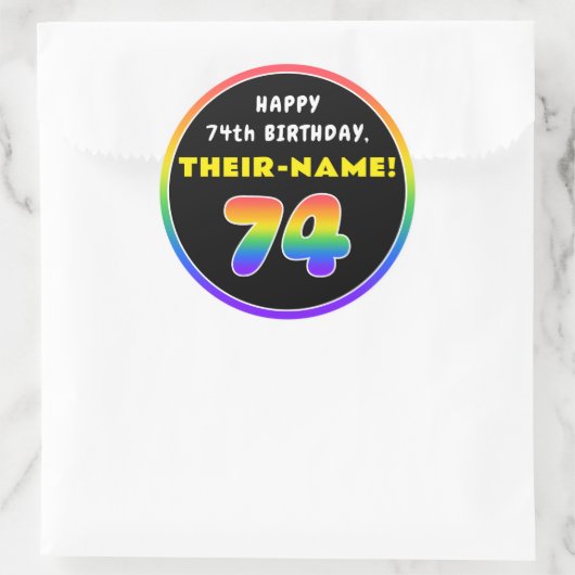 74th Birthday: Colorful Rainbow # 74, Custom Name Runder Aufkleber (Tasche)