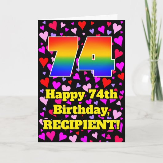 74th Birthday: Loving Hearts Pattern, Rainbow # 74 Karte (Vorderseite)