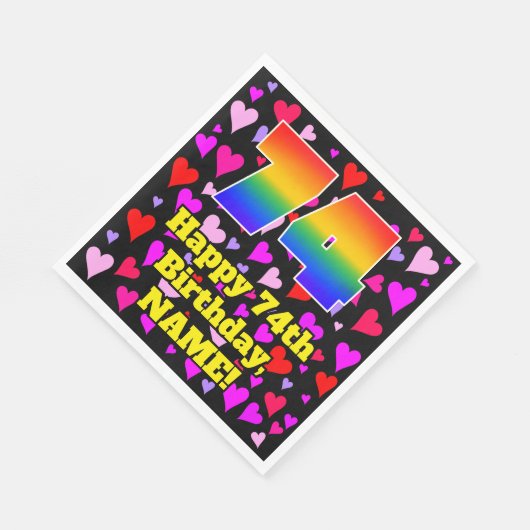 74th Birthday: Loving Hearts Pattern, Rainbow # 74 Serviette (Ecke)