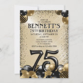 75. Balloons Black Gold Geburtstag Einladung (Vorderseite)