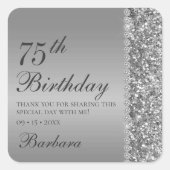 75. Elegant Silver Birthday Quadratischer Aufkleber (Vorderseite)