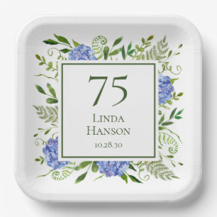 75. Geburtstag Blaue Hortensien Pappteller
