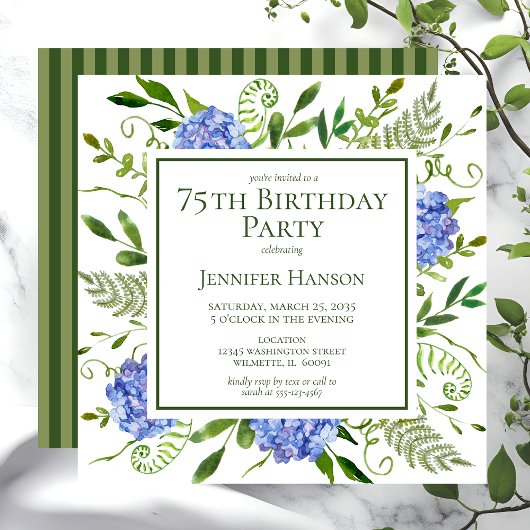 75. Geburtstag Blue Hydrangeas Einladung
