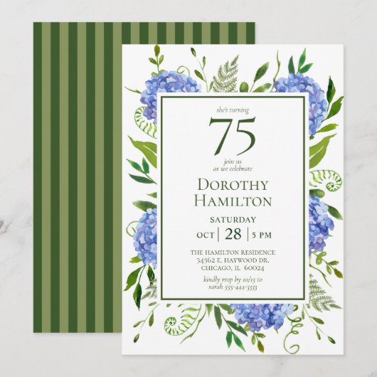 75. Geburtstag Blue Hydrangeas Einladung (Vorne/Hinten)