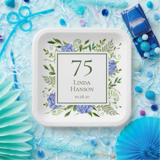 75. Geburtstag Blue Hydrangeas Pappteller (Party)