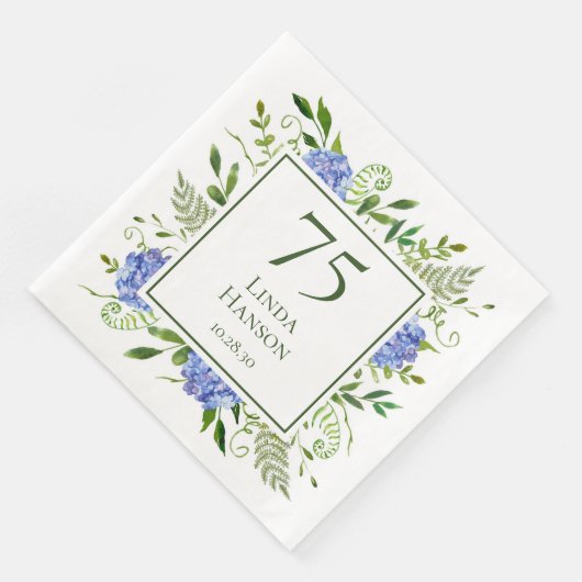 75. Geburtstag Blue Hydrangeas Serviette (Ecke)