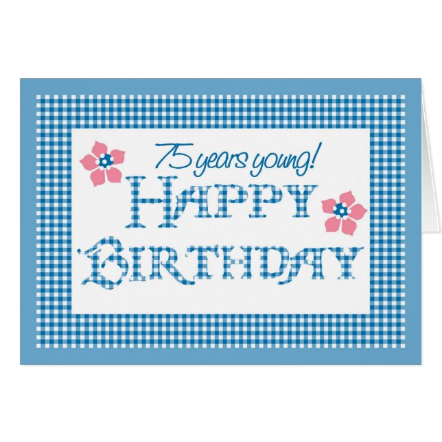 75. Geburtstag, Blue Karo Gingham Pattern (Vorderseite (Horizontal))
