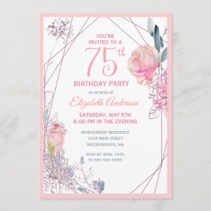 75. Geburtstag Blumenrot Rose Aquarellfarben Party Einladung
