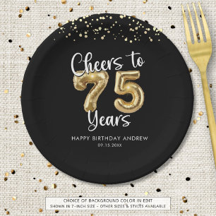 75. Geburtstag Cheers to 75 Years Black Gold Pappteller