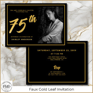 75. Geburtstag Elegantes Foto Black Imitats Gold L Einladung