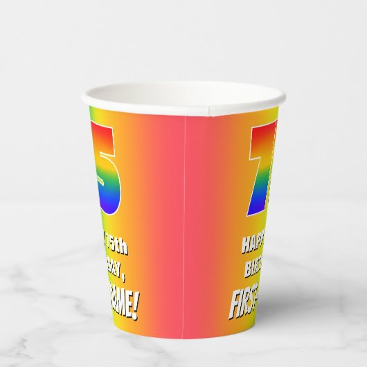 75. Geburtstag: Farbiges, lustiges Regenbogenmuste Pappbecher (Rechts)