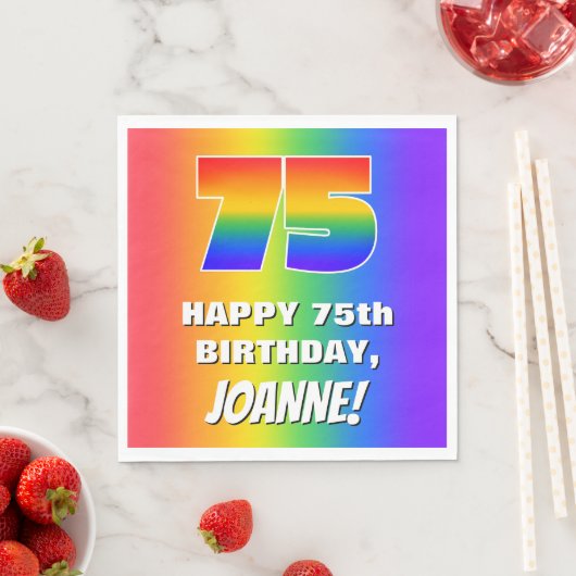 75. Geburtstag: Farbiges, lustiges Regenbogenmuste Serviette (Beispiel)