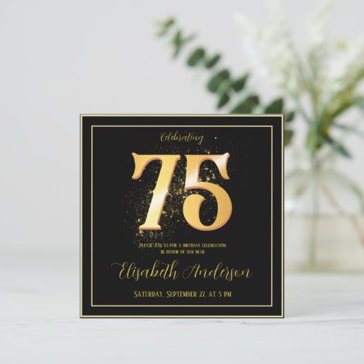 75. Geburtstag feiern Gold Black Einladung (Stehend Vorderseite)